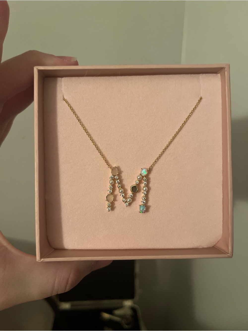 Gold 'M' Initial Necklace with Opal and Crystal Accents